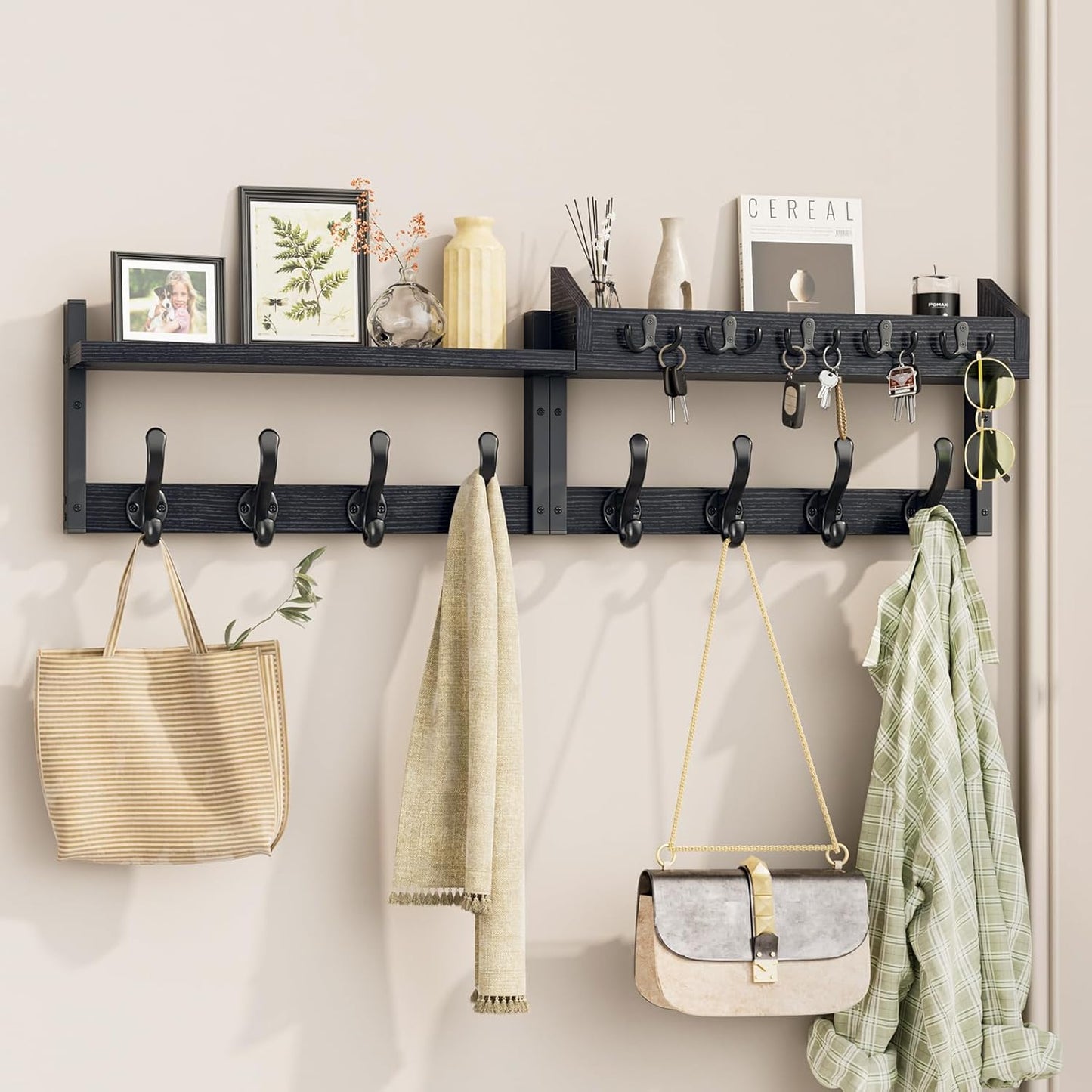 Evermagin 29" Coat Rack Wall Mount with Shelf, 4 in 1 Coat and Key Hanger with 11 Metal Hooks, Entryway Wall Mounted Shelf with Mail Holder for Living Room, Bedroom, Rustic Brown