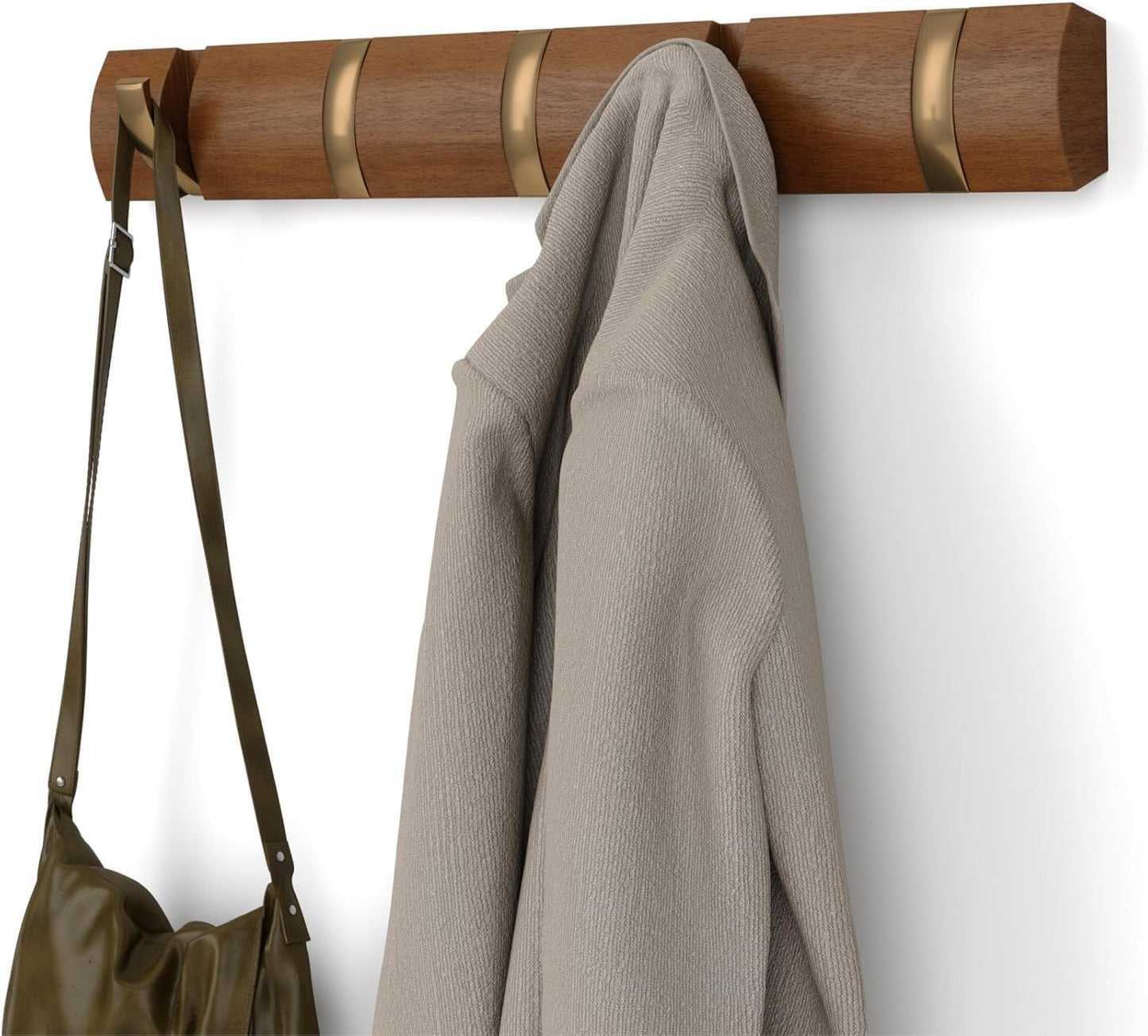 Umbra FLIP Wall Mounted Floating Rack – Modern, Sleek, Space-Saving Hanger with Retractable Hooks to Hang Coats, Scarves, Purses and More, Walnut/Gold