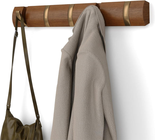Umbra FLIP Wall Mounted Floating Rack – Modern, Sleek, Space-Saving Hanger with Retractable Hooks to Hang Coats, Scarves, Purses and More, Walnut/Gold