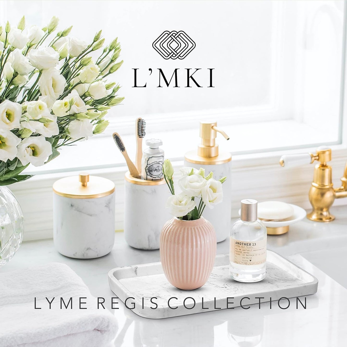 Bathroom Soap Dispenser Set - Bathroom Toothbrush Holder Set, Marble, Gold, Farmhouse Bathroom Decor, 5 Piece Bathroom Accessories Set