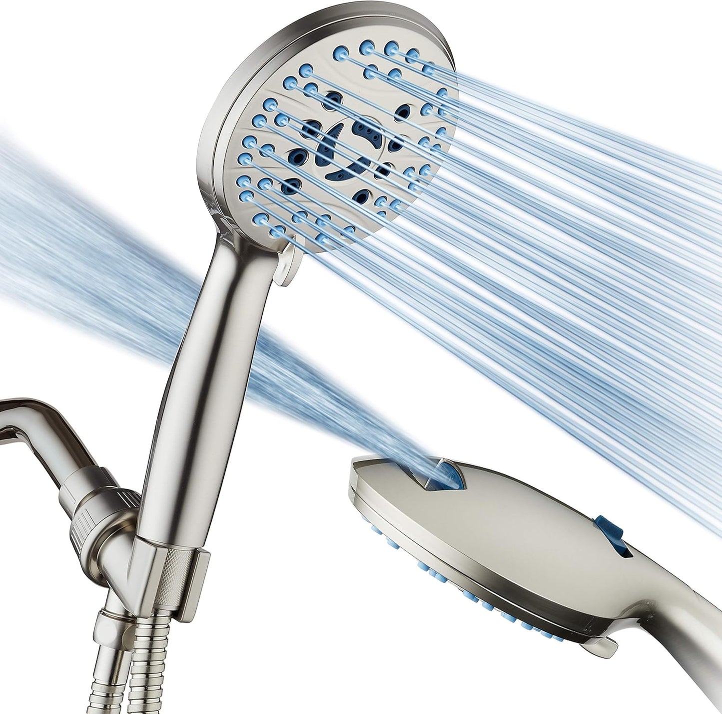 Hotel Spa AquaCare High Pressure 8-mode Handheld Shower Head - Anti-clog Nozzles, Built-in Power Wash to Clean Tub, Tile & Pets, Extra Long 6 ft. Stainless Steel Hose, Wall & Overhead Brackets