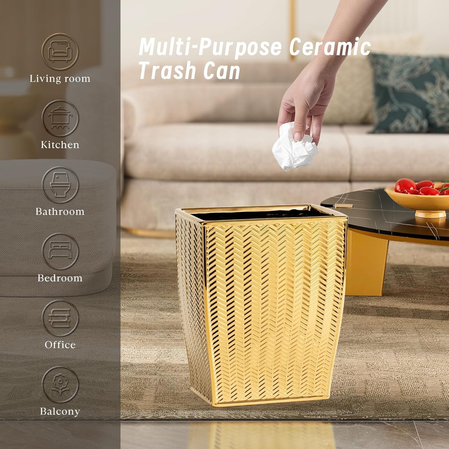 Gold Bathroom Accessories 4pcs Stylish Bathroom Accessories Set Gold Soap Dispenser Pump, Tumbler, Soap Dish and Trash Can Modern Decor Wavy Design Ceramic Bathroom Accessory Set