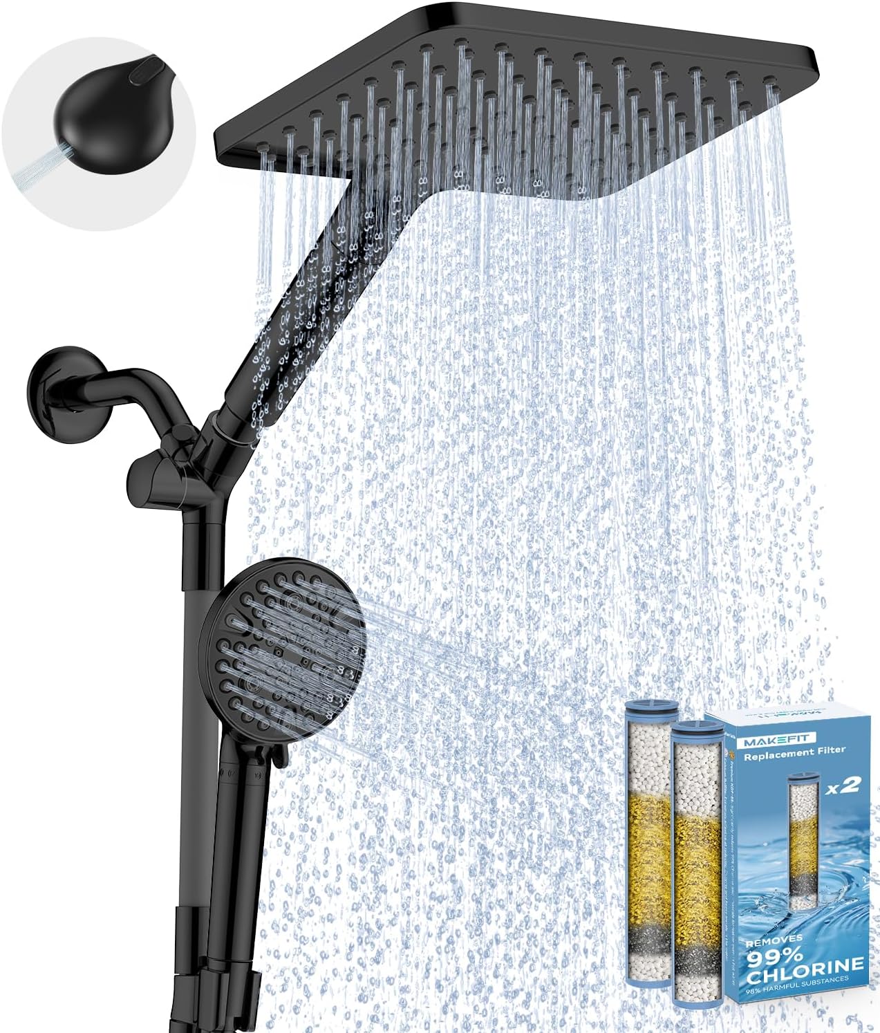 MakeFit Dual Filtered Rain Shower Head Combo, High Pressure Handheld Shower Head with Adjustable Bar - Rainfall Shower Head And Showerhead with Filter for Hard Water - Removes Chlorine