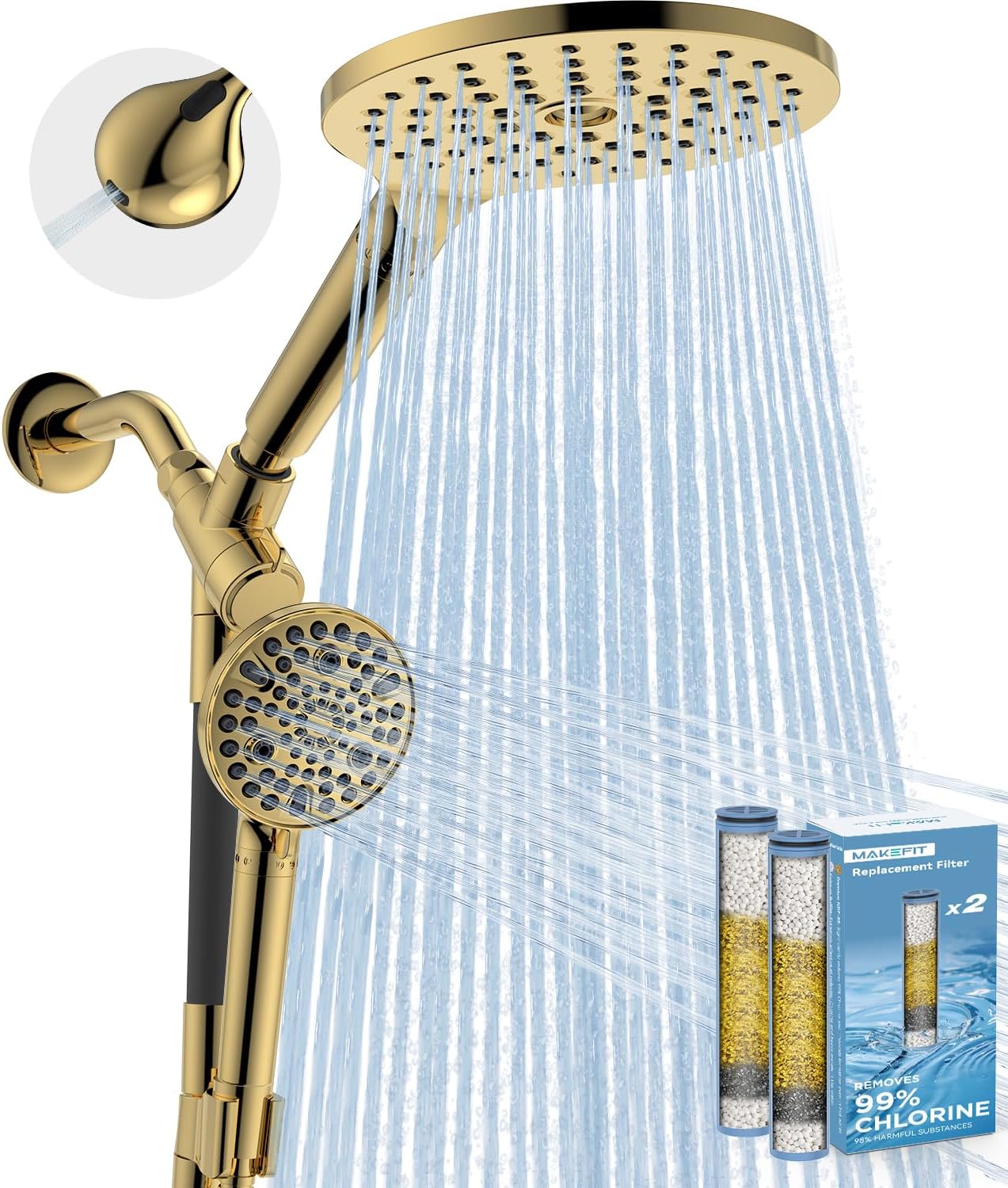 MakeFit Dual Filtered Rain Shower Head Combo, High Pressure Handheld Shower Head with Adjustable Bar - Rainfall Shower Head And Showerhead with Filter for Hard Water - Removes Chlorine