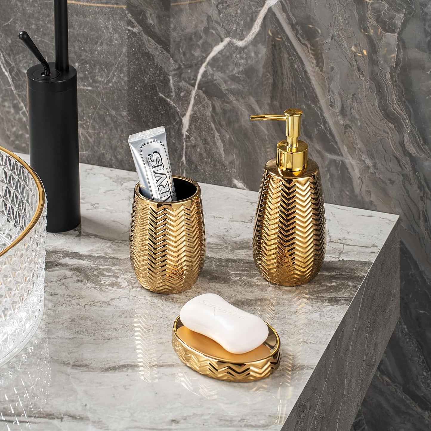 Gold Bathroom Accessories 4pcs Stylish Bathroom Accessories Set Gold Soap Dispenser Pump, Tumbler, Soap Dish and Trash Can Modern Decor Wavy Design Ceramic Bathroom Accessory Set