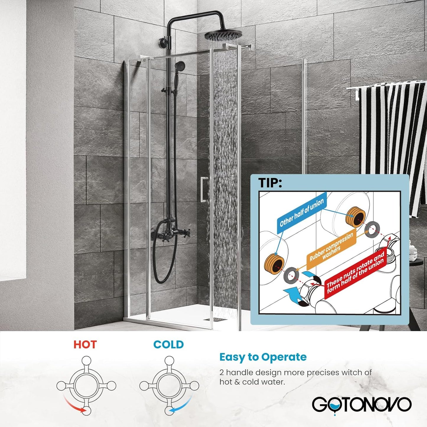 gotonovo Exposed Bathroom Shower Faucet Set Shower Fixture 8 Inch Rainfall Shower Head Handheld Shower Cross Handle Wall Mount 2 Functions Oil Rubbed Bronze