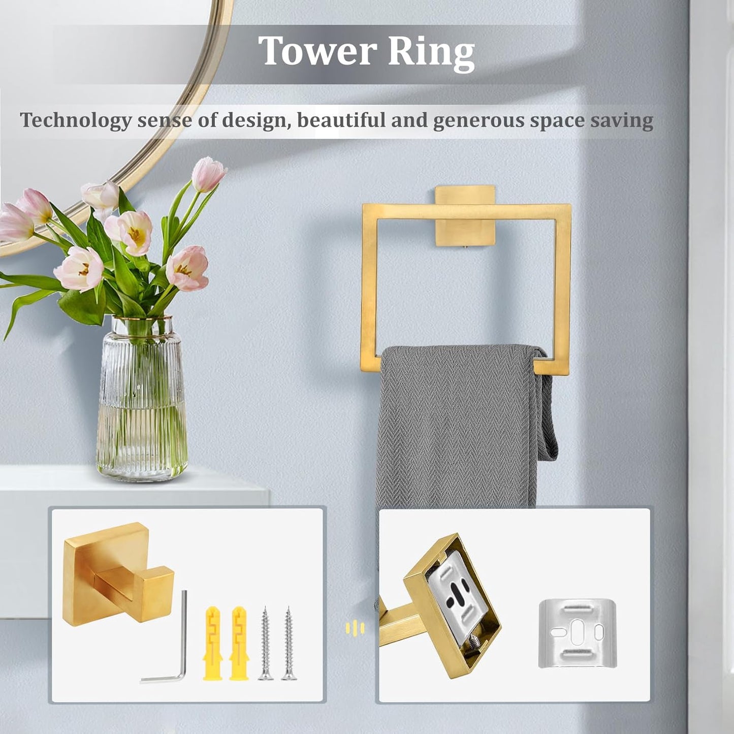 8-Piece Gold Bathroom Hardware Set, 23.6 Inch Towel Bars Set, Brushed Gold Bathroom Accessories Stainless Steel Bathroom Hardware Set Wall Mounted