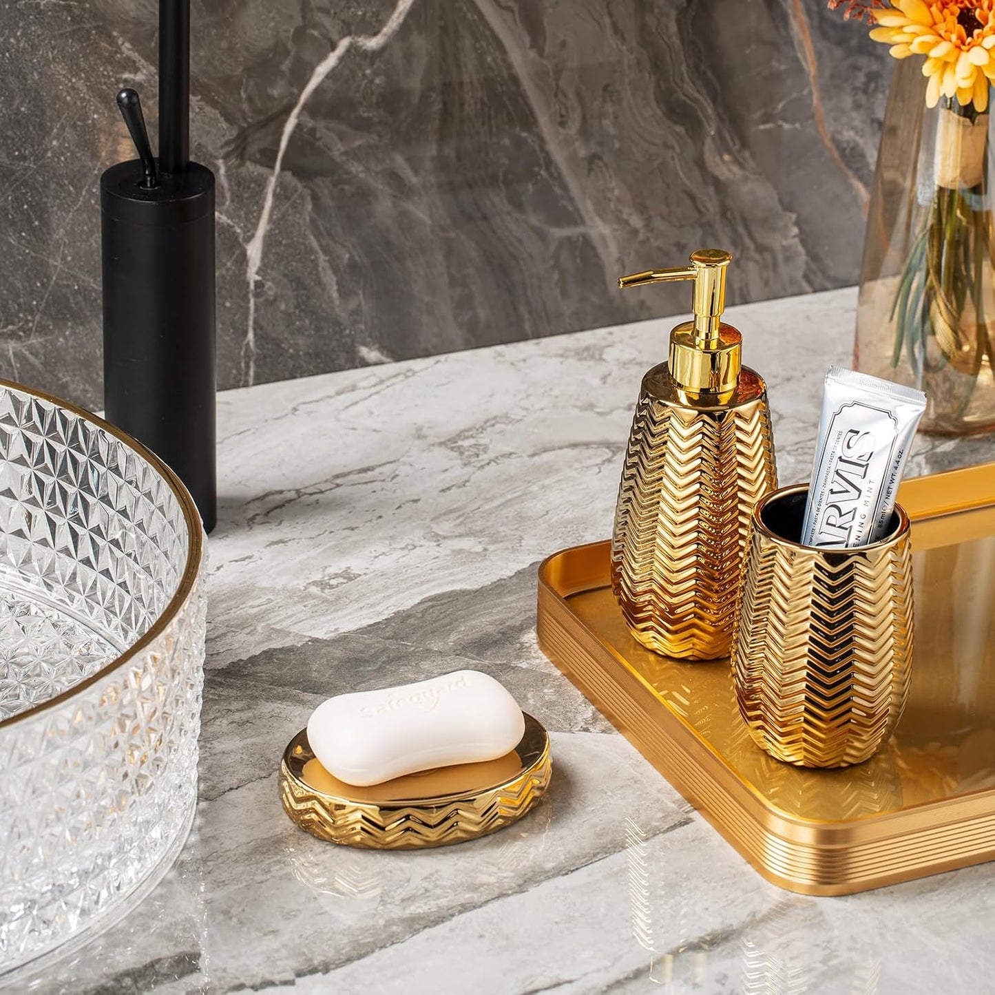Gold Bathroom Accessories 4pcs Stylish Bathroom Accessories Set Gold Soap Dispenser Pump, Tumbler, Soap Dish and Trash Can Modern Decor Wavy Design Ceramic Bathroom Accessory Set