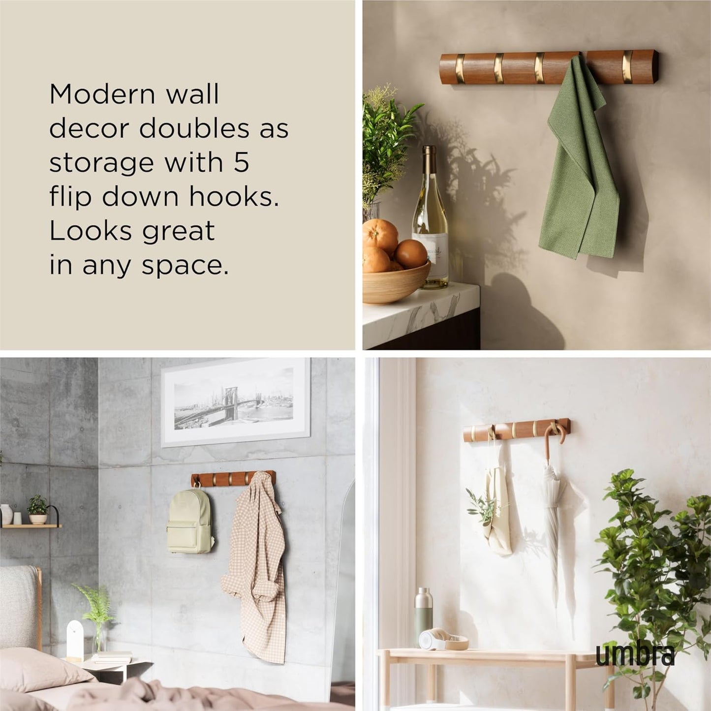 Umbra FLIP Wall Mounted Floating Rack – Modern, Sleek, Space-Saving Hanger with Retractable Hooks to Hang Coats, Scarves, Purses and More, Walnut/Gold