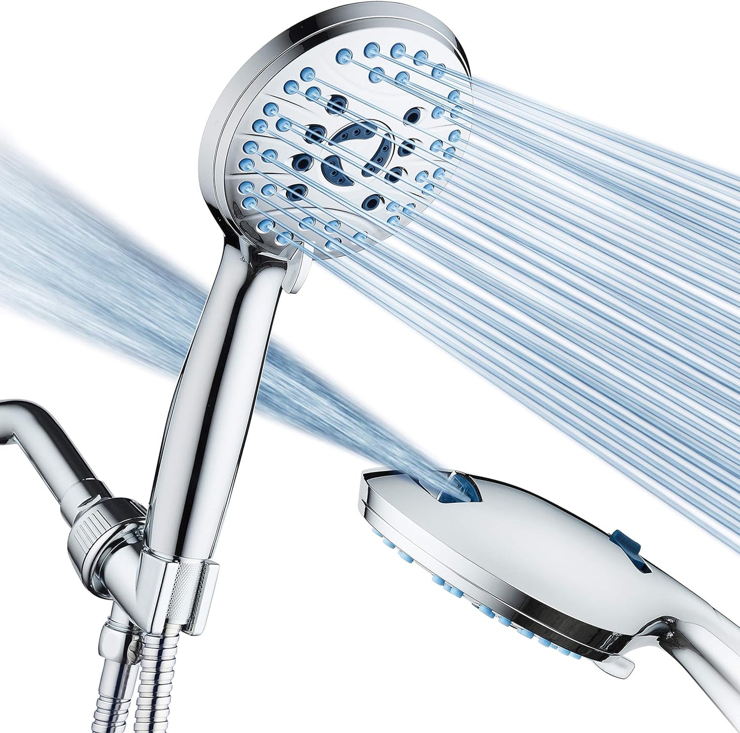 Hotel Spa AquaCare High Pressure 8-mode Handheld Shower Head - Anti-clog Nozzles, Built-in Power Wash to Clean Tub, Tile & Pets, Extra Long 6 ft. Stainless Steel Hose, Wall & Overhead Brackets